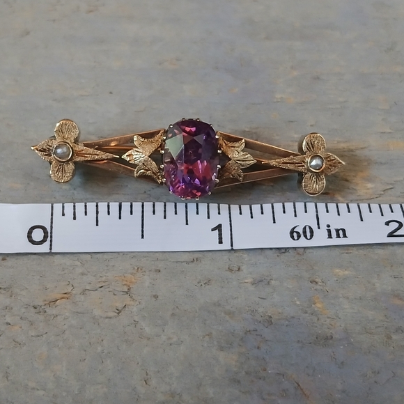 Antique Victorian 14K Yellow Gold Amethyst Bar Brooch Pin 5.7 Grams 1.8" - Picture 15 of 16